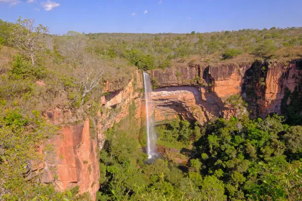 Photo of Beautiful Bridal Veil, Veu Da Bride waterfall in Chapada Dos Guimaraes National Park, Cuiaba, Mato Grosso, Brazil