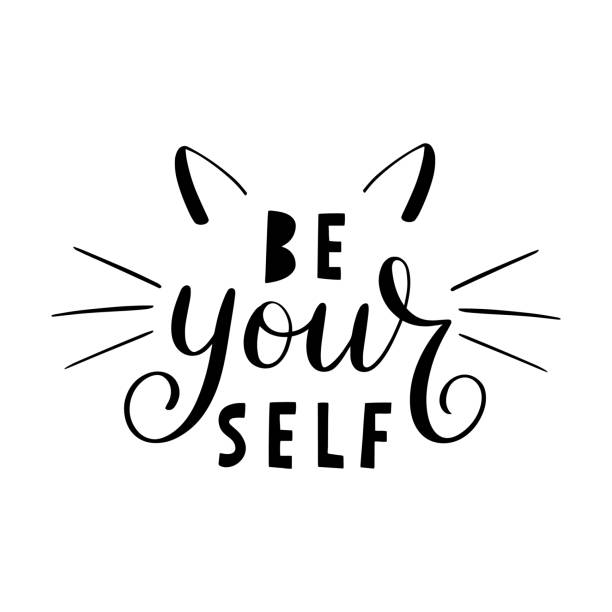 Be your self lettering. Hand drawn calligraphy for T-shirt, badge, tag, icon with cat ears and whiskers. Beautiful banner, print, design. Inspirational quote poster isolated on white background. vector illustration animal whisker stock illustrations