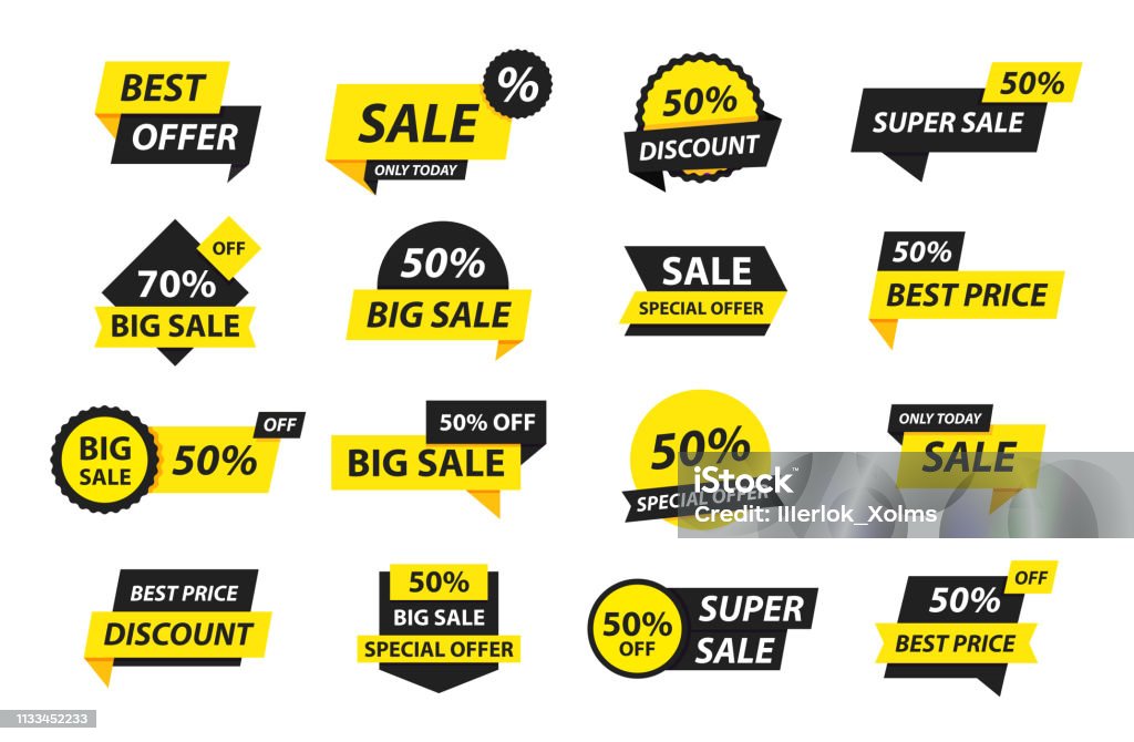 Verkoop tags collectie. Speciale aanbieding, grote verkoop, korting, beste prijs, Mega verkoop banner set. Winkel of online winkelen. Sticker, badge, coupon, op te slaan. Vector illustratie. - Royalty-free Uitverkoop vectorkunst