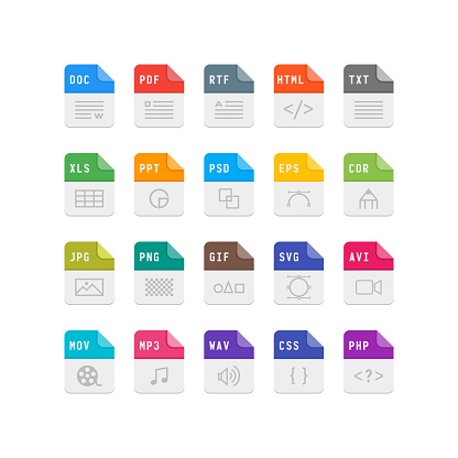 set of file format flat icons. multimedia document symbols. vector illustration