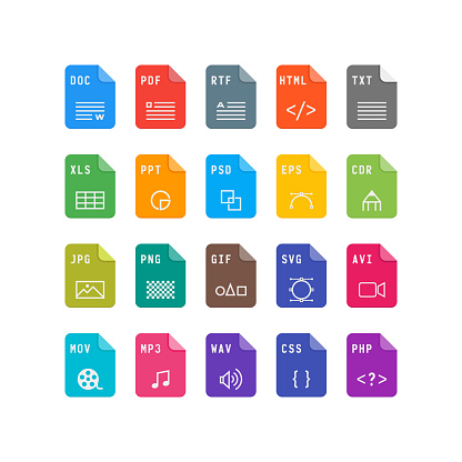 set of file format flat icons. multimedia document symbols. vector illustration