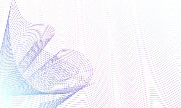 ilustrações de stock, clip art, desenhos animados e ícones de swirl pattern on waving ripple thin lines. white background. abstract vector multicolor waves. guilloche art line design, purple, turquoise gradient. technology glowing horizontal composition, copy space. eps10 illustration - striped technology backgrounds netting