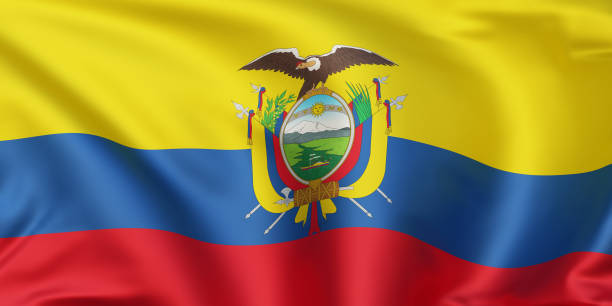 Flag of Ecuador blowing in the wind. \nFull page Ecuador flying flag.
