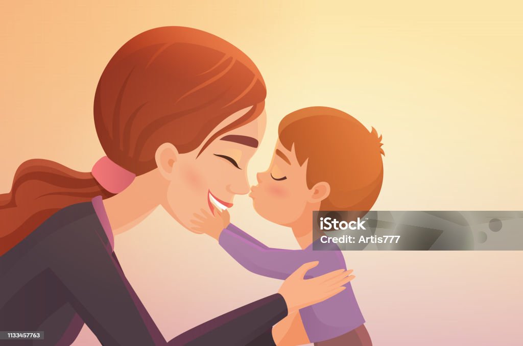 Cute Little Boy Kisses His Happy Mother Cartoon Vector Illustration Stock  Illustration - Download Image Now - iStock