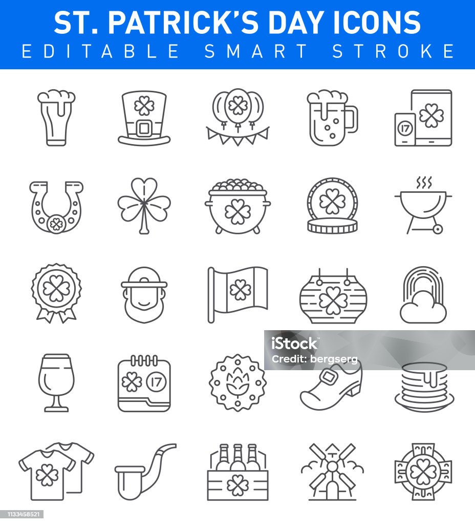 St. Patrick's Day Icons. Editable stroke Collection Editable stroke St. Patrick's Day Icons with Hat, Clover, Flag and Beer symbols St. Patrick's Day stock vector