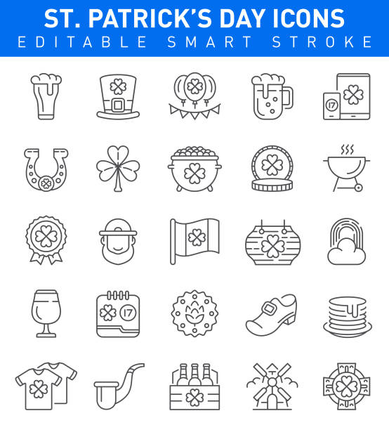 St. Patrick's Day Icons. Editable stroke Collection Editable stroke St. Patrick's Day Icons with Hat, Clover, Flag and Beer symbols celtic cross stock illustrations