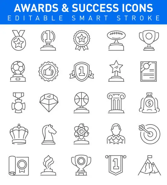 Vector illustration of Awards & Success Icons. Editable stroke Collection