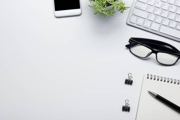 istock Office desk table with supplies. Flat lay Business workplace and objects. Top view. Copy space for text 1133458691