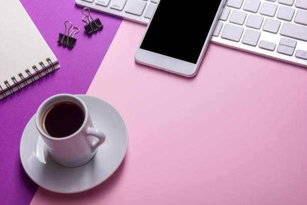 istock Office desk table with supplies. Flat lay Business workplace and objects. Top view. Copy space for text 1133458709