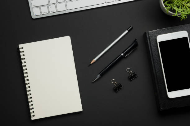 istock Office desk table with supplies. Flat lay Business workplace and objects. Top view. Copy space for text 1133458736