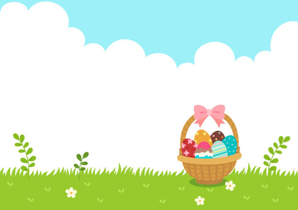 ilustrações de stock, clip art, desenhos animados e ícones de easter eggs basket on the grass. happy easter background - easter traditional culture backgrounds basket