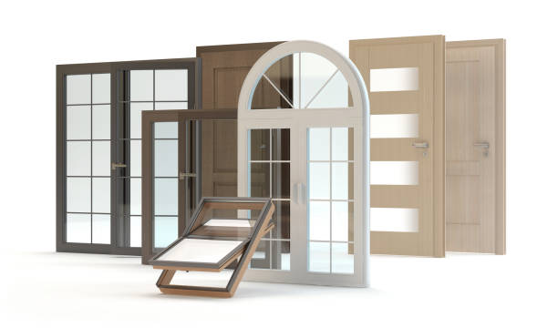 Windows and doors collection 3d illustration, white background pvc stock pictures, royalty-free photos & images