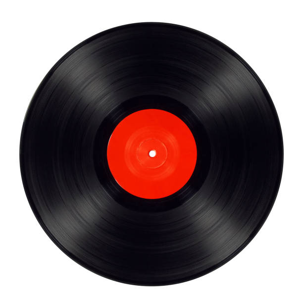 Old long play - clipping path Old black vinyl record isolated with red label record stock pictures, royalty-free photos & images