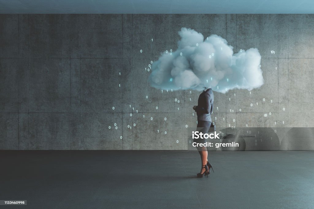 Businesswoman VR cloud computing in the office Businesswoman VR cloud computing in the office. This is entirely 3D generated image, Cloud Computing Stock Photo