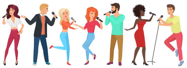 ilustrações de stock, clip art, desenhos animados e ícones de young people stars with microphones singing and dancing. girls and guys have fun in karaoke club vector illustration. - animated cartoon music teens arts and entertainment