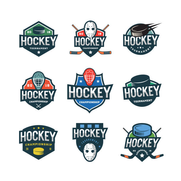 bildbanksillustrationer, clip art samt tecknat material och ikoner med uppsättning av hockey logo typer. sport emblem vektor illustration - hockey