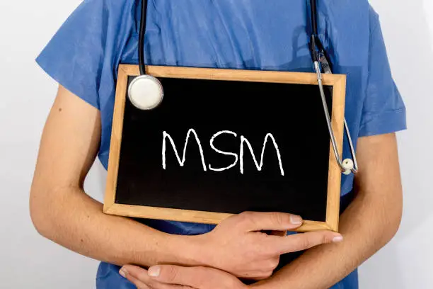 Photo of Doctor shows information on blackboard: msm.  Medical concept.