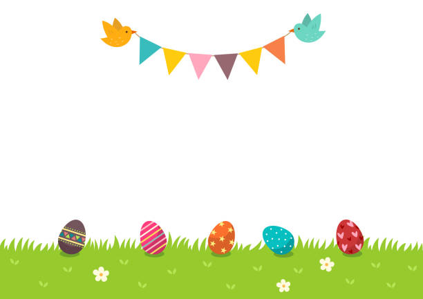 새와 함께 잔디와 멧 시 국기에 부활절 달걀. 행복 한 부활절 배경 - decoration eggs leaf easter stock illustrations