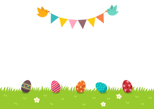 ilustrações, clipart, desenhos animados e ícones de ovos de easter na grama e na bandeira de bunting com pássaros. fundo feliz de easter - ribbon holiday spring season