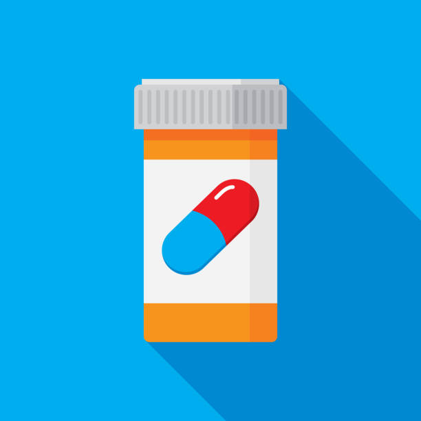 ikona butelki pigułki flat - pill bottle nutritional supplement pill medicine stock illustrations
