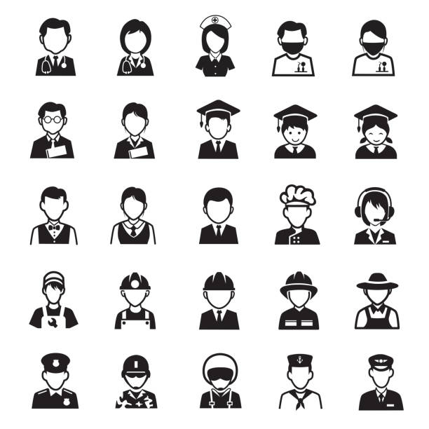 People occupations icons People occupations icons, Set of 25 editable filled, Simple clearly defined shapes in one color. engineer silhouettes stock illustrations