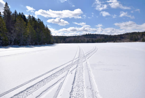 Snowmobile Tracks on the Lake New Brunswick Canada Snowmobile Tracks on the Lake New Brunswick Canada Snowmobiling stock pictures, royalty-free photos & images