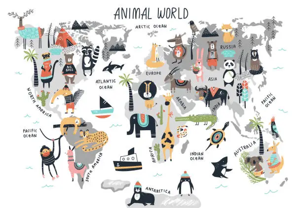 Vector illustration of Animal World Map - cute cartoon hand drawn nursery print in scandinavian style. Vector illustration