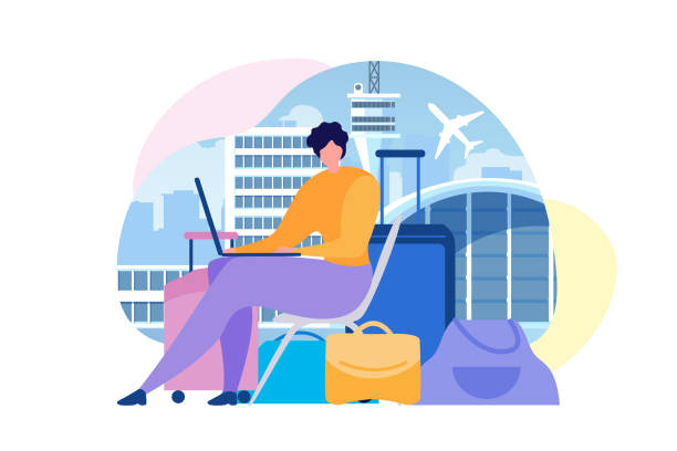 Buying Airline Tickets Online Flat Vector Concept Traveling by Air Flat Vector Concept with Woman Sitting near Baggage, Using Laptop, Searching Flights Timetable in Internet, Buying Airline Tickets Online, Planning Vacation Journey Illustration charter stock illustrations