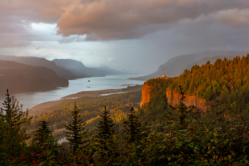 Passing rain showers at sunset in the Columbia River Gorge, Oregon.