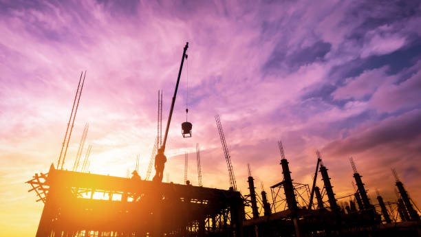 pouring concrete on high ground over blurred background sunset pastel in construction site