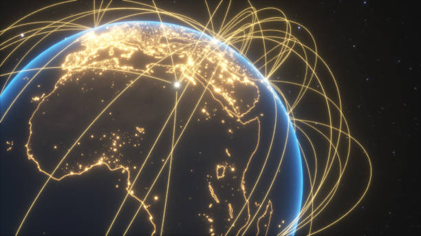 istock World connections with city lights. Blue. Earth globe. Spinning Earth with light lines growing from major cities all over the world. 3d illustration 1133477713