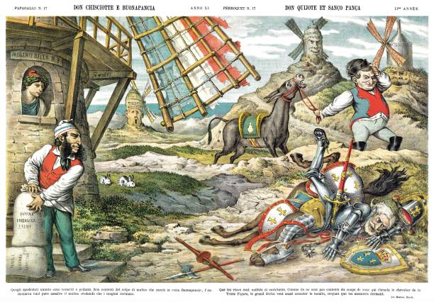 Don Quixote and good tummy, satirical cartoon weekly of 1883 by Augusto Grossi for a weekly publishing by Il Papagallo magazine political joke stock illustrations