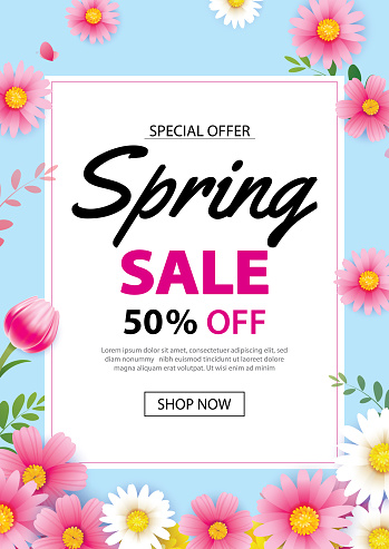 Spring sale poster banner with blooming flowers background template. Design for advertising, voucher, flyers, brochure, cover discount.