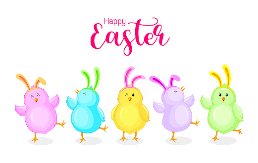 Funny  chickens in different poses. Happy Easter concept. Vector illustration isolated on blue background.
