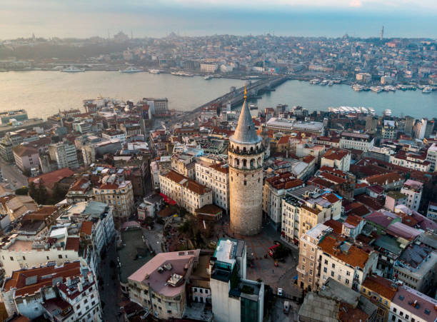 Aerial view of Galata Tower in Istanbul, Turkey Aerial view of Galata Tower in Istanbul, Turkey galata tower photos stock pictures, royalty-free photos & images