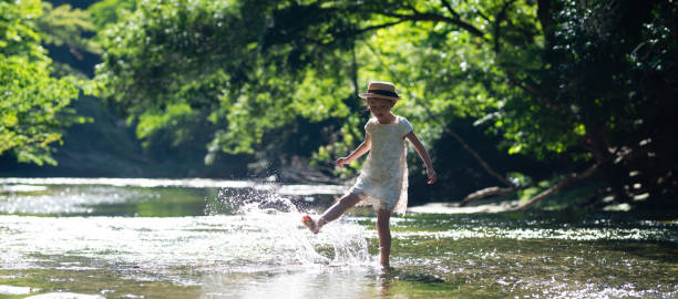 山の流れで遊ぶ女の子 - panoramic child scenics forest ストックフォトと画像