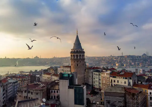 Aerial view of Galata Tower in Istanbul, Turkey
