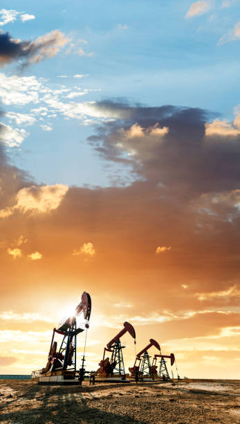 Oil pumps working under the sunrise sky Oil pumps working under the sunrise sky oil derrick crane crane exploration stock pictures, royalty-free photos & images