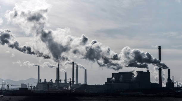 smoke from the power station - toxic substance fumes environment carbon dioxide imagens e fotografias de stock