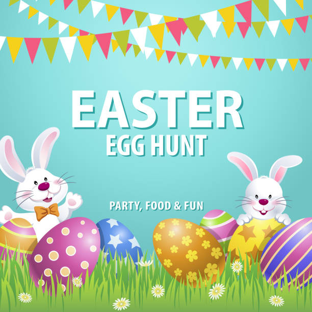 easter egg hunt party - easter rabbit easter bunny easter egg stock illustrations
