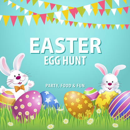 An invitation to the Easter egg hunt party with bunnies at the grassland