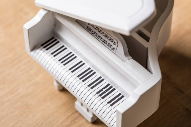 istock White tiny piano music close up on a wooden background 1133507901