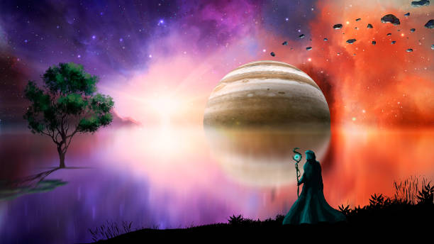 istock Sci-fi landscape digital painting with nebula, magician, gas gigant, lake and tree. https://www.jpl.nasa.gov/spaceimages/details.php?id=pia07782 1133508899