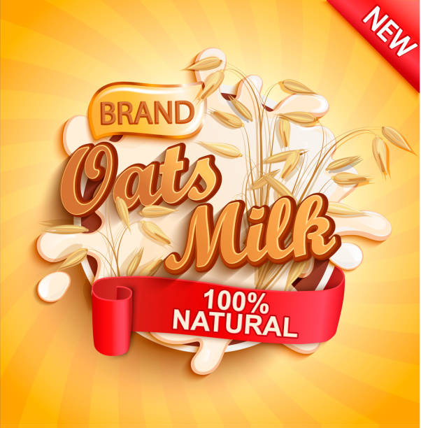 Oat milk label splash, natural and fresh. Oat milk label splash, natural and fresh on gold sunburst background for your brand, template, label, emblem for groceries, stores, packaging and advertising, marketing. Vector illustration. insignia healthy eating gold nature stock illustrations