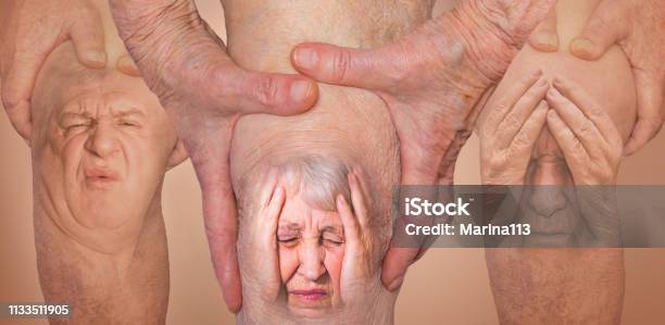 Senior Men Holding The Knee With Pain Collage Concept Of Abstract Pain And Despair Stock Photo - Download Image Now