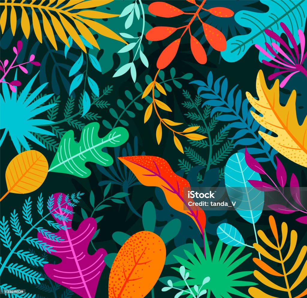 Fond de jungle avec des feuilles de palmier tropicales. - clipart vectoriel de Motif libre de droits