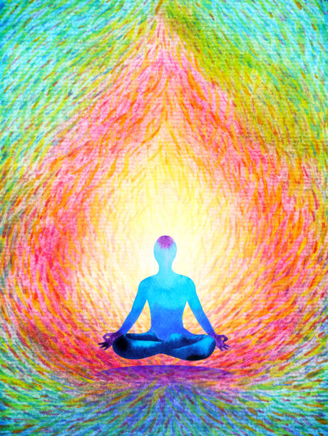 istock 7 color chakra human lotus pose yoga, abstract world, universe inside your mind mental, watercolor painting illustration design hand drawn 1133515360