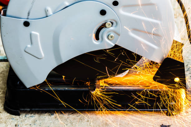 istock Circular saw cutting steel with split fire. sparks while cutting steel 1133515398