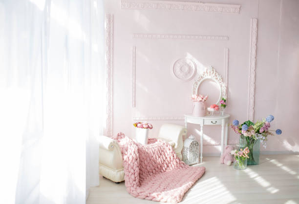 Spring decor with flowers in photo studio.