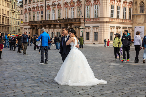 October 2, 2018. Czech republic, Prague historic center. Wedding. Groom and bride in the old town square